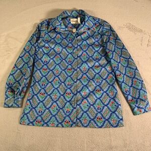 Vintage Hamilton Blouse Womens Size 14A Blue Floral Tunic Collared 70s Polyester